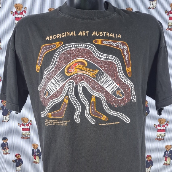 Lewis Burns Aboriginal Art Australia boomerang art graphic black fafed XL tshirt - Picture 1 of 5